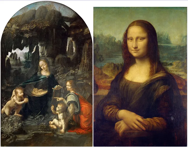 達文西畫作，左-岩窟中的聖女，右-蒙娜麗莎