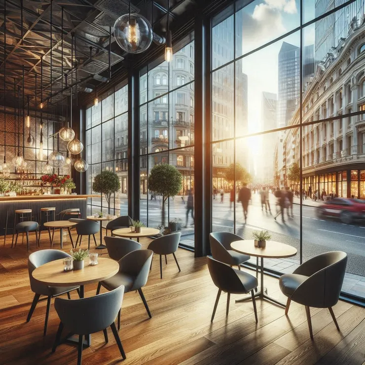 現代城市咖啡廳內景，窗外繁華街景。