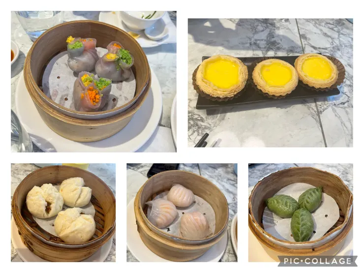 左上三色鮮蝦餃、右上蛋撻、下面左起叉燒包、水晶蝦餃、羅漢齋素餃。