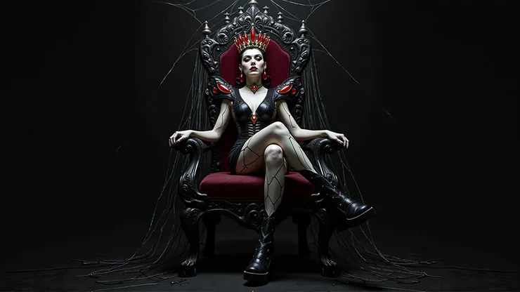 Spider Queen: Black web-pattern dress, spider crown, red gems, platform boots( 蜘蛛女王:黑色蜘蛛網紋洋裝、蜘蛛皇冠、紅寶石、厚底靴 )