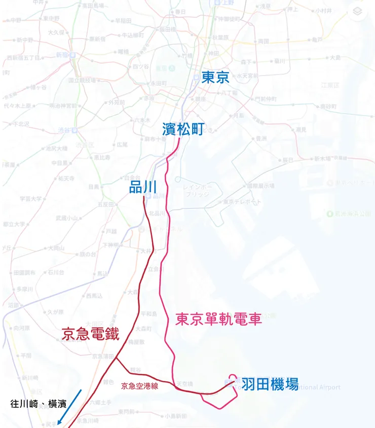 東京單軌電車、京急電鐵路線圖。擷取自Y! Map應用程式。