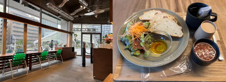 左：咖啡廳看出去的景色。右：早餐set