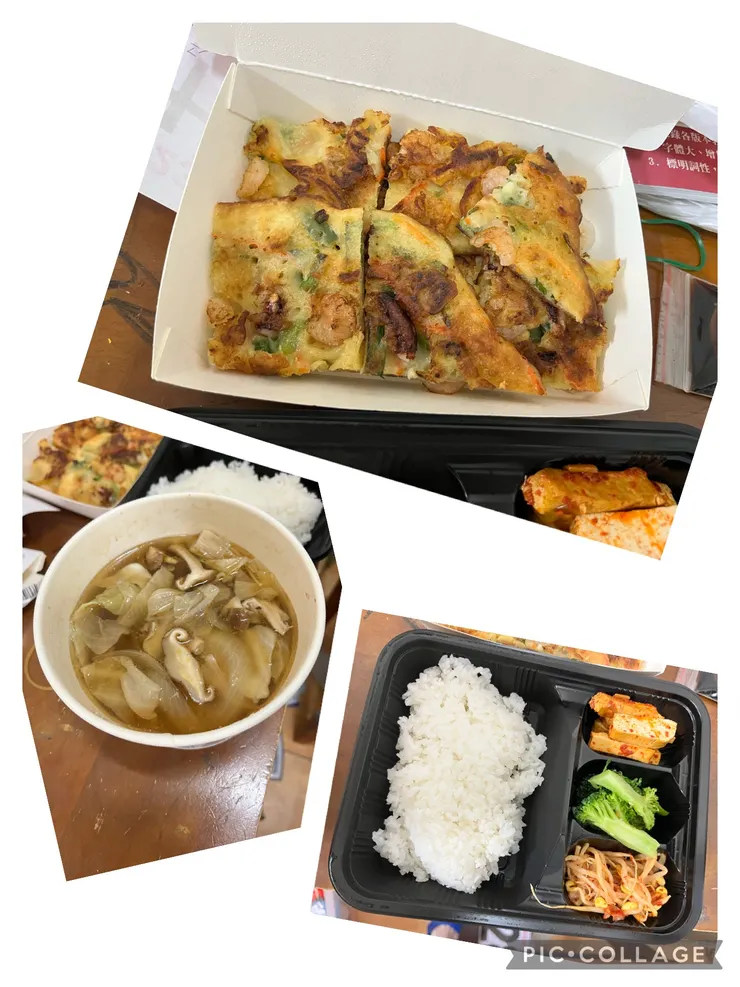 海鮮煎餅,牛肉鍋、飯跟小菜。
