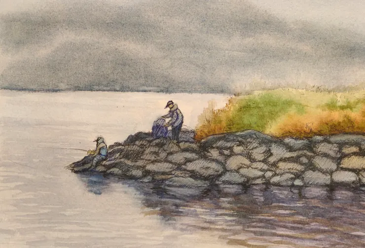 河畔釣客，八開，代針筆+水彩。