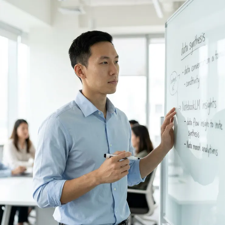 梁练伟在会议室利用NotebookLM的洞察提炼并呈现新概念。