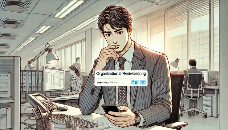 中高齡上班族早晨收到「組織調整」通知的公司內部信，神情冷靜思考