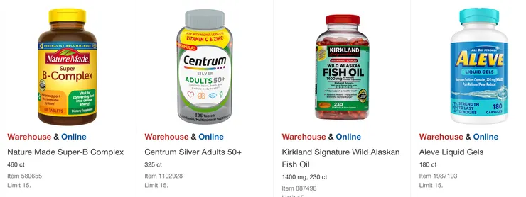 Nature Made B群 $18.99、銀髮善存 $20.99、Kirkland 魚油 $22.49、Aleve 止痛藥 $20.49。