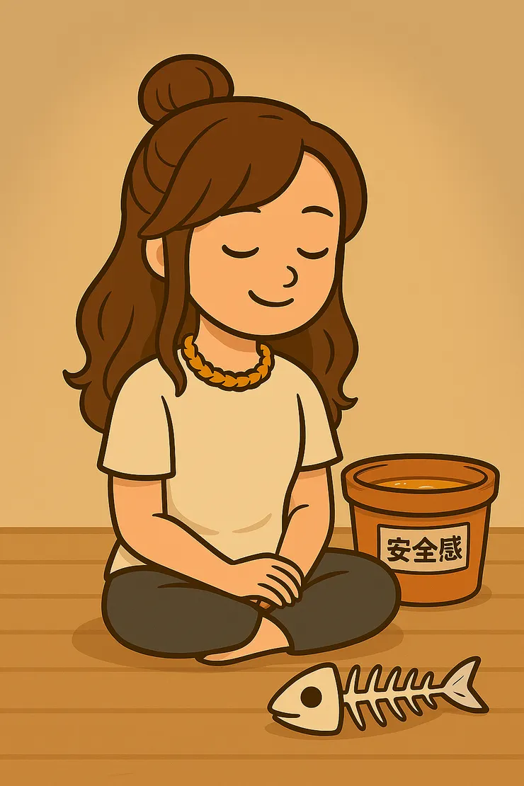 魚骨洗出來了，火也熄了， 然後我竟然靜靜坐著，旁邊還放了一桶安全感（嗯，我自己煮的）。 這畫面本來看起來很荒謬， 但我突然懂了—— 原來療癒就是這樣：處理完該處理的，就會靜下來了。