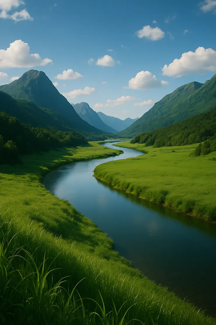 ai繪圖 指令是生成一張照片 近水繞遠山 芳草連著天邊長 人間處處盡是峰迴路轉