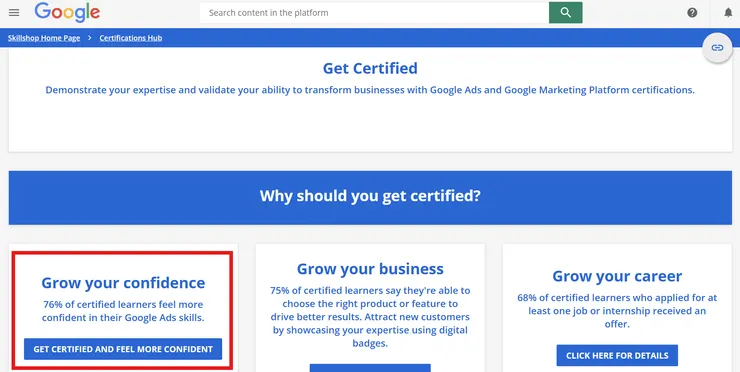 轉跳後,往下滑並選擇【Grow your confidence】那一欄中的【GET CERTIFIED AND FEEL MORE CONFIDENT】的按鈕