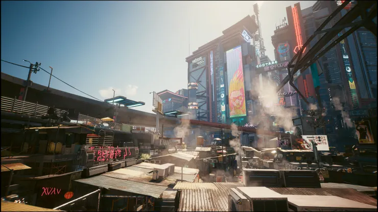 貧民窟與聳立高樓之間的對比，是相當賽博龐克的風格