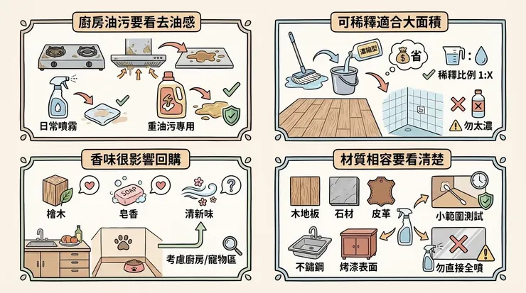 萬用清潔劑怎麼挑？油污、地板、稀釋比例先想清楚