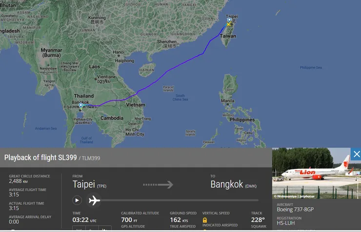 泰國獅航 SL399 航線圖