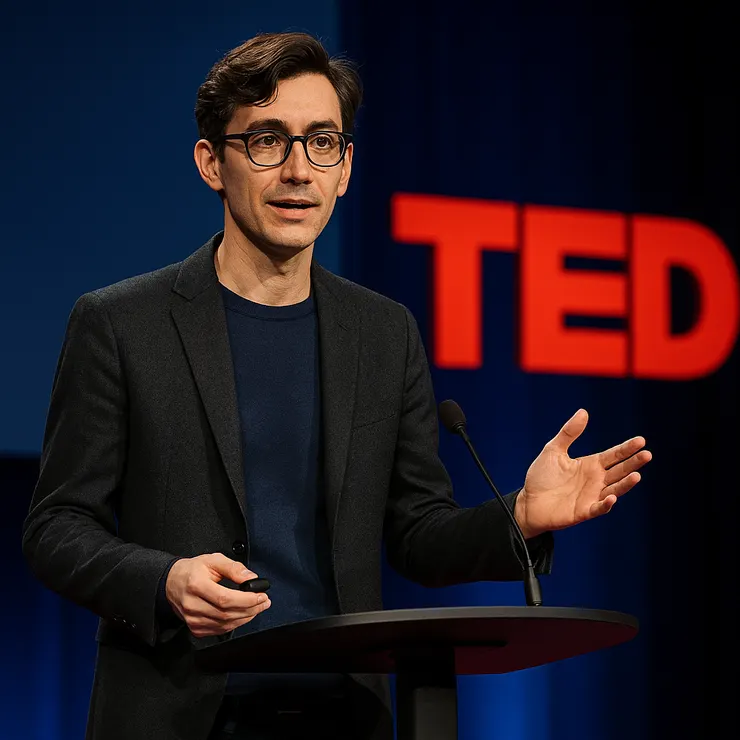 這是文思哲在 TED 風格演講台上的寫實場景:他站在紅色圓形地毯中央,背景是大型投影幕與 TED 標誌,手持雷射筆,神情專注,觀眾是年輕學者與 AI 工程師,光線聚焦在他身上,整體氛圍充滿思想張力與敘事魅力。