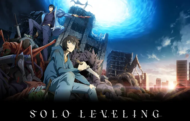 主視覺，可以看見過去的主角與未來的主角都在殺敵、以及曙光的象徵。圖片來源自《我獨自升級》IMDb　