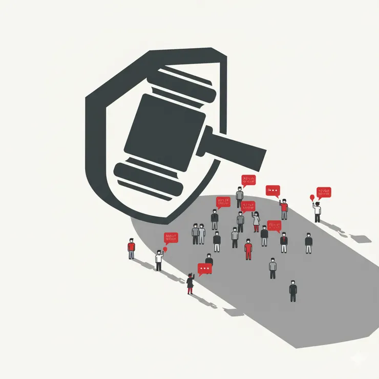 一個巨大的私人企業標誌（如天平或法槌）投下長長的影子，影子籠罩著一個公共廣場，廣場上的人們正在發言，象徵企業權力對公共言論的影響。