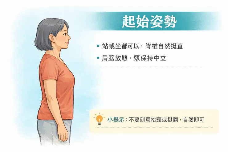 放鬆回到起始姿勢 文案： 緩緩放下手 感受肩膀與脖子的輕鬆 💡重點：姿勢不是用力撐，而是筋膜放鬆後自然形成 生成圖片 畫面建議：回到自然站姿，肩頸輕鬆