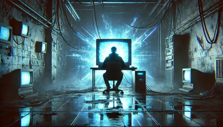 深夜的公寓裡，男子坐在電腦前，藍色螢幕光將房間照得冰冷。