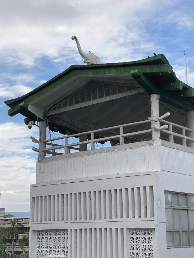 三信家商波浪大樓，塔樓的日本式神社屋頂、扶手收頭。屋脊上的大象