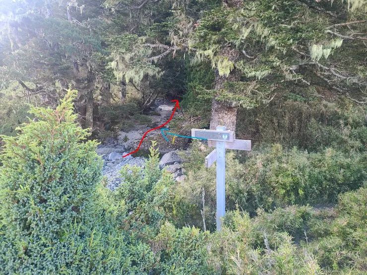 指示牌標示錯誤! 藍色為指示牌所標示往南湖山屋之路線方向,但紅色沿溪床續行才是往南湖山屋的路