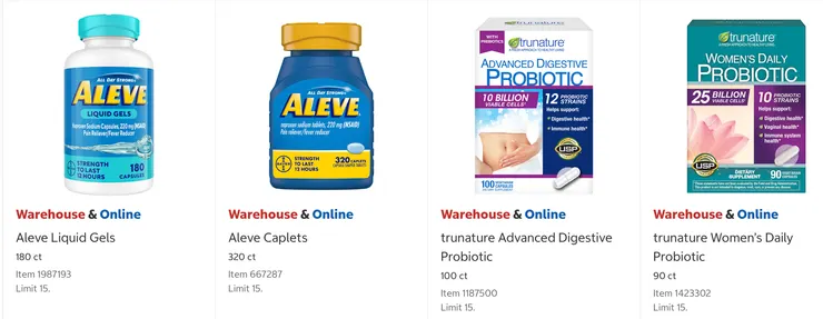 Aleve 止痛/退燒藥 $21.49、Aleve 止痛/退燒藥錠劑 $23.49、trunature益生菌 $18.99、trunature女性專用益生菌 $18.99。