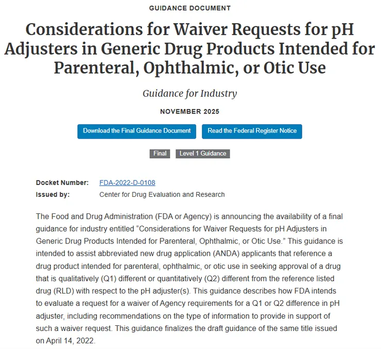 Guidance for Industry_Considerations for Waiver Requests for pH Adjusters in Generic Drug Products Intended for Parenteral, Ophthalmic, or Otic Use