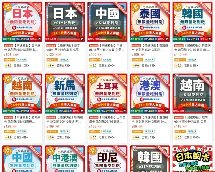 出國上網 實體網卡 esim 皆有-圖片來源蝦皮飛速移動