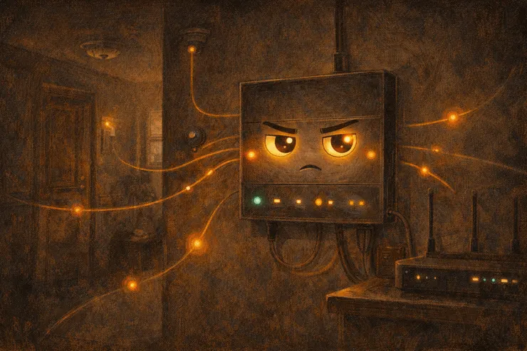 梁练伟家的安防中枢在夜晚静静运作，指示灯如眼睛般监控全屋家电，呈现家电自述系列的中枢视角