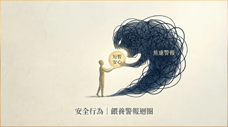 你以為在安撫焦慮，其實是在餵養它。每一次的「檢查」或「清洗」就像遞出一顆名為「短暫安心」的糖果；怪獸吃下了糖暫時安靜，但它的胃口也變大了。