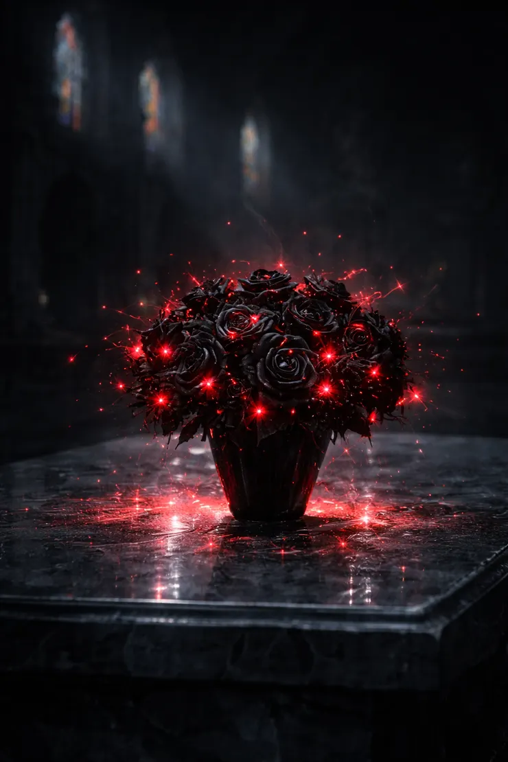 ChatGpt幫我生成的泛著紅寶石光芒的黑色玫瑰花