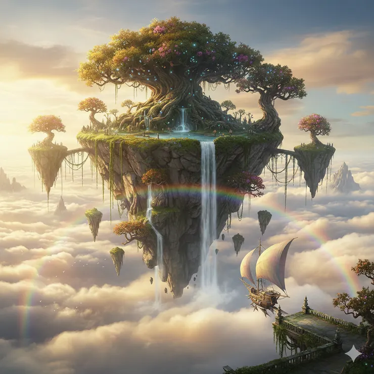 一艘從空中港口出行的帆船駛向遠方一座空島。