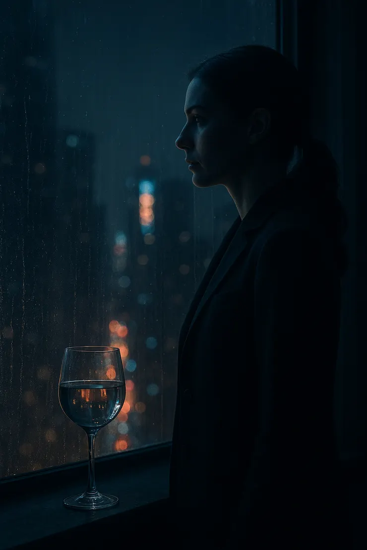 夜深處的玻璃反光,盛著一座城市的秘密。她與他,都在倒影之中,等待著那場未說出口的約定。〈本示意圖由AI協助生成。〉