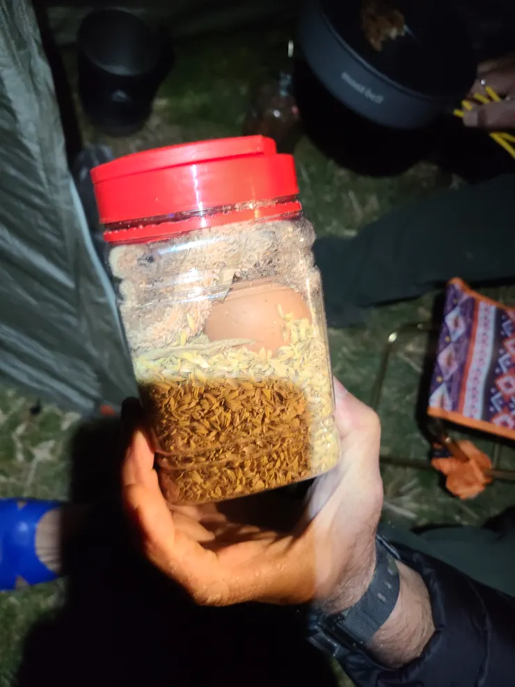 學到一招，山友用緩衝物裝蛋避免破裂。類似木屑