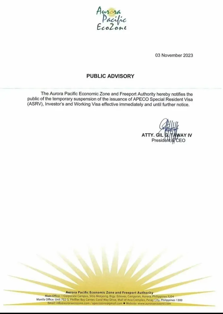 菲律濱歐若拉特區的ASRV簽證，不需要無犯罪的小特赦，目前已經暫停