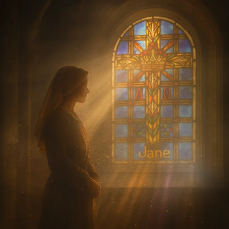 The glass held them all, sealed in light and memory. At dusk, Jane stood beneath the colored reflection, letting it cast its fragments across her face, her hands, her spirit.