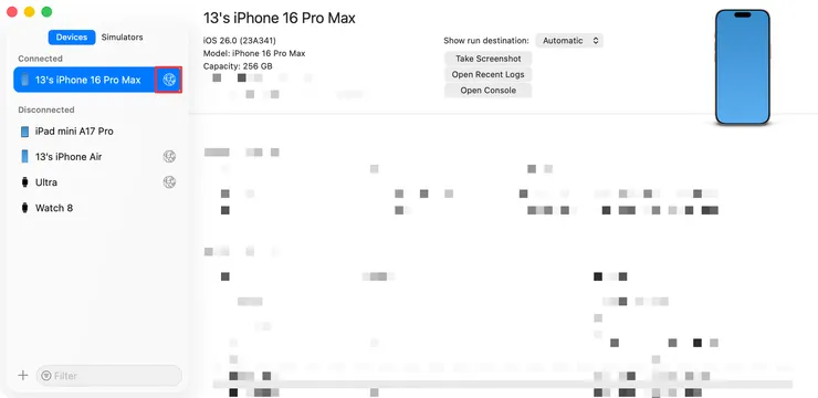 Devices and Simulators 視窗