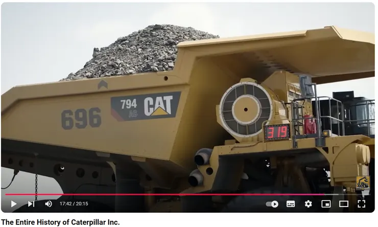 Caterpillar在youtube上以介紹公司歷史發展和運用內容為主，利用不同案例的分享，吸引重型機械設備倍的企業主們，發布影片更是高達60萬以上觀看。圖片來源:Caterpillar youtube官網https://www.youtube.com/watch?v=46_EC6teOqg&t=11s