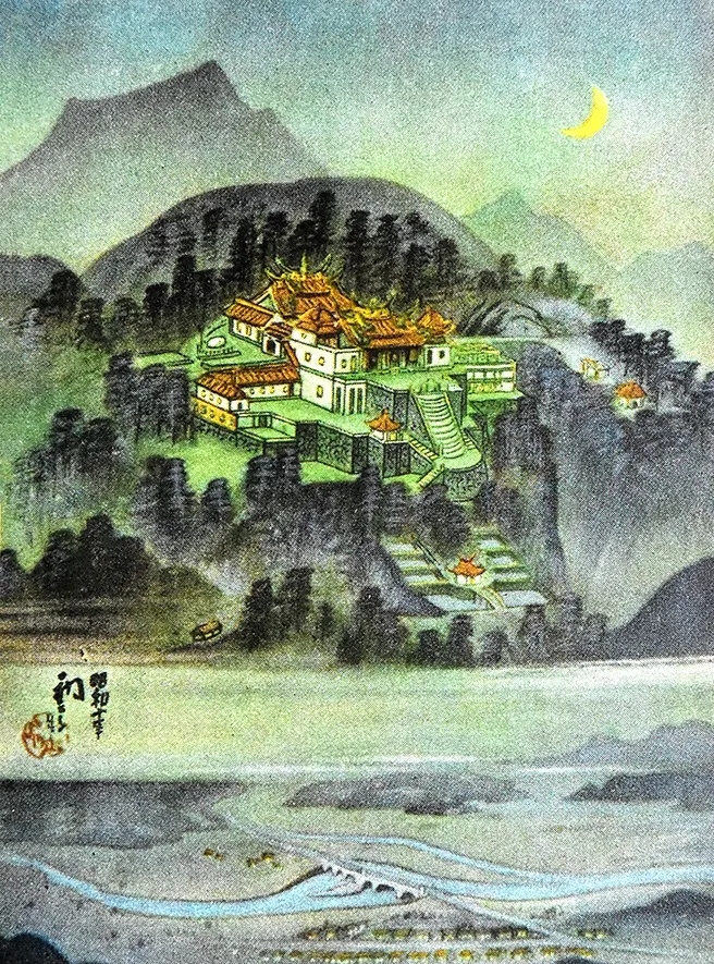 昭和10年(1935)吉田初三郎所繪之臺北指南宮，可見道南橋（圖片來源：國定古蹟編纂小組社團）