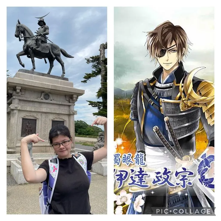 仙台城的伊達政宗銅像與手遊中的伊達政宗（圖源／作者提供）