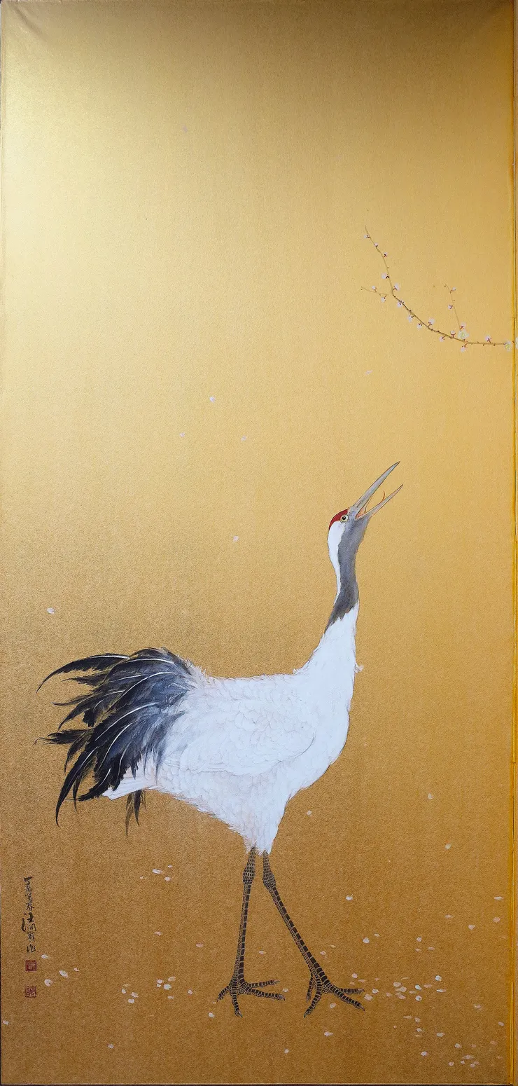 〈雪梅舞鶴／鶴子梅妻〉局部－左屏