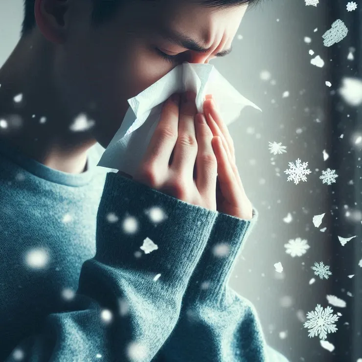 用衛生紙擤鼻涕，擤到低頭一看，衣服上，佈滿雪花般的衛生紙屑屑（Copilot）