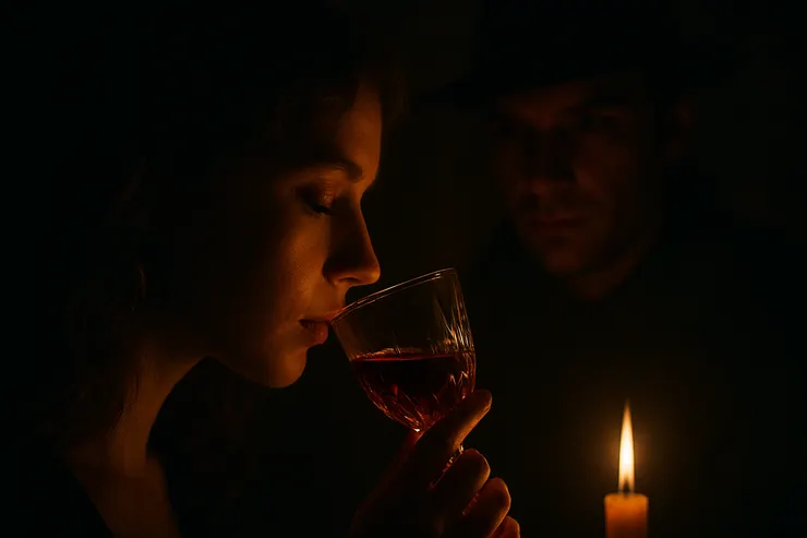 靠近的瞬間，誘惑在光影間呼吸，紅酒的香氣瀰漫，距離與理智一同模糊。〈本章節插圖示意圖由AI協助生成。〉