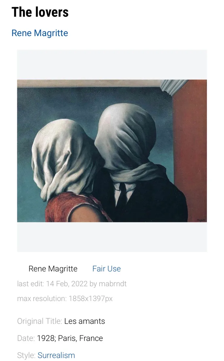 René Magritte "Les Amants" (1928),是超現實主義藝術中最具代表性的作品之一。
