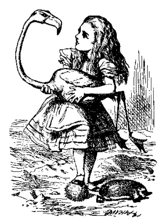John Tenniel 原作﹕愛麗絲手中的球棍是活生生的紅鸛，而地上的球是活生生的刺蝟