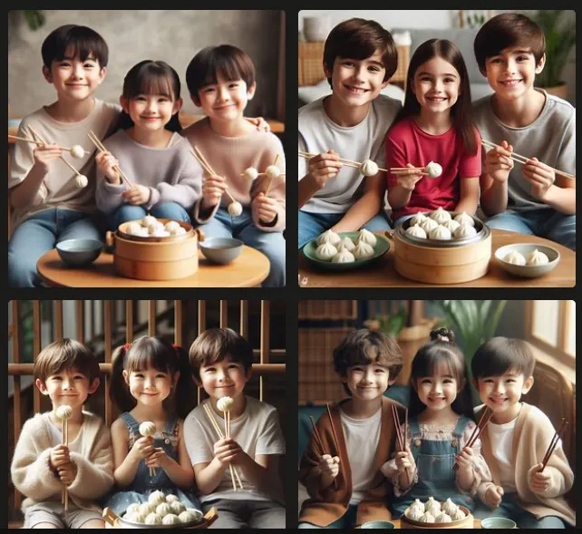 Three children gathered together to eat small tangyuan