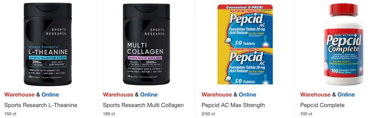 左起折扣後價格：L-茶氨酸 $27.99、綜合膠原蛋白 $25.99、降胃酸加強錠 $22.99、止＋降胃酸雙重功能錠 $26.99。