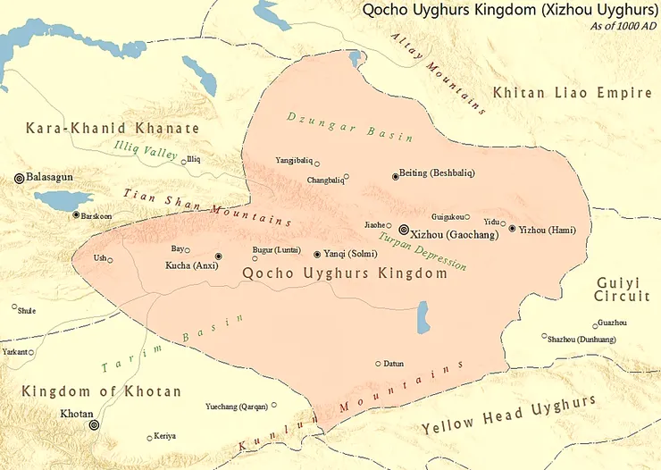 高昌回鶻。圖片來源：Wiki Commons, "Qocho Uyghurs.png"