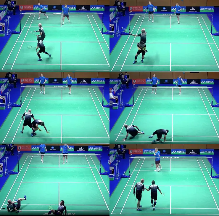 Raymond Webster與David Li初次搭擋，欠缺默契，為了接球而對撞跌坐地上，丹麥對手看來也嚇了一跳。