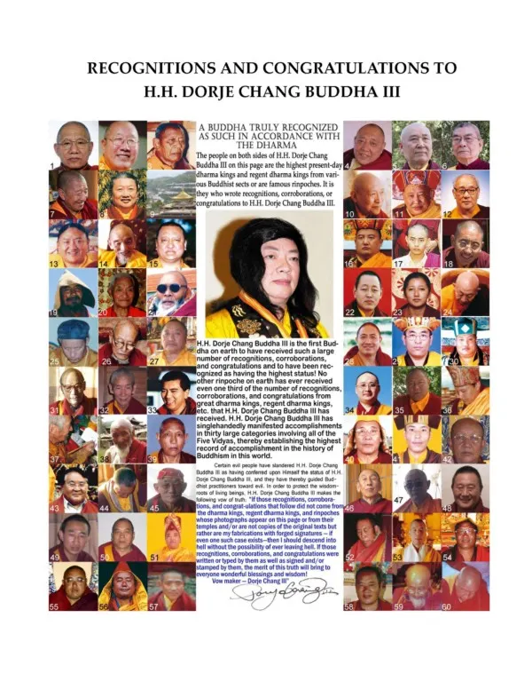 Recognitions and Congratulations to H.H. Dorje Chang BuddhaIII 