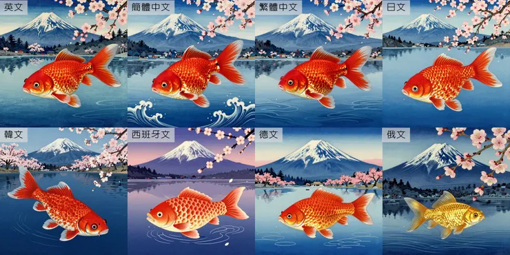 Prompt: 一條宏偉、超大的蘭壽金魚，漂浮在一個空靈的池塘上方，遠處是富士山和盛開的櫻花。浮世繪木版畫風格，深靛藍和朱紅色，高細節的波浪和魚鱗。